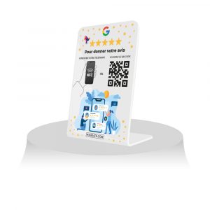 Optimisez votre collecte d'avis Google avec notre chevalet innovant, équipé d'une technologie NFC pour accélérer le processus et booster votre référencement en ligne.