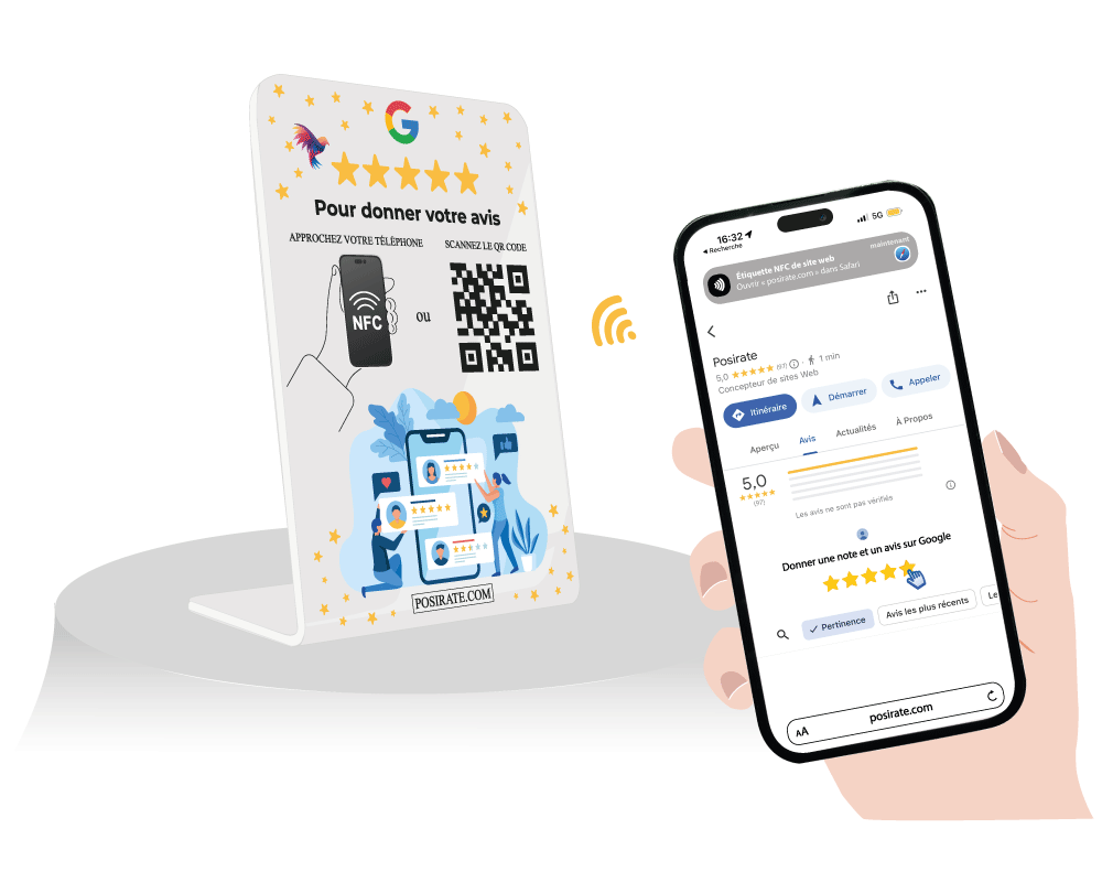 Un chevalet révolutionnaire doté d'une puce NFC pour accélérer votre collecte d’avis Google et booster votre référencement.
