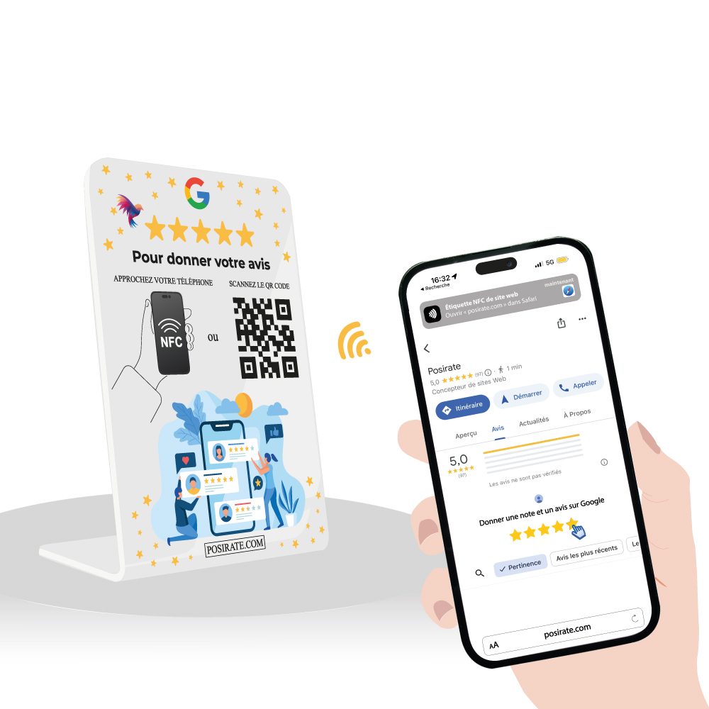 Propulsez votre collecte d'avis Google avec notre chevalet révolutionnaire équipé d'une puce NFC, garantissant une collecte plus rapide et un référencement amélioré.